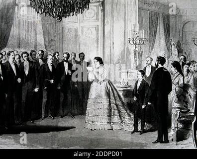 ISABEL II REINA DE ESPAÑA. MADRID 1830-1904. 'ABDICATION DE LA REINA EN FAVEUR DE SU HIJO ALFONSO, EN EL HOTEL BASILEWSKI DE PARIS'. GRABADO LÍLLUSTRATION. Banque D'Images