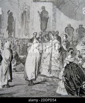 ISABEL II REINA DE ESPAÑA. MADRID 1830-1904. RECAPION EN LA EMBAJADA MARROQUI, AÑO 1860'. GRABADO DE 'EL MUSEO UNIVERSAL'. Banque D'Images