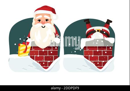 Le Père Noël dans la cheminée, sur le toit, rampent le réveillon du nouvel an avec des cadeaux. Illustration de Vecteur