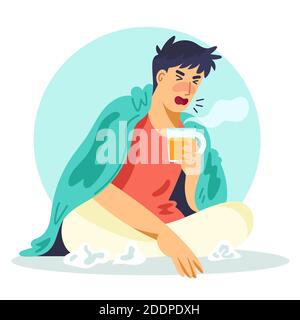 Homme ayant un froid et tenant une tasse de thé Illustration vectorielle Illustration de Vecteur