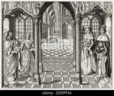 Mariage, mariage de Henri VII d'Angleterre (1457-1509) et Élisabeth de York (1466-1503) le 18 janvier 1486 à l'abbaye de Westminster, gravure par George Barret Jr après Jan Gossaert, 1796 Banque D'Images