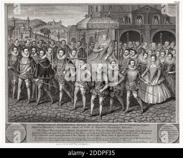 Procession de la reine Élisabeth Ire d'Angleterre (1533-1603) et de sa cour, gravure de George Vertue, 1742 Banque D'Images