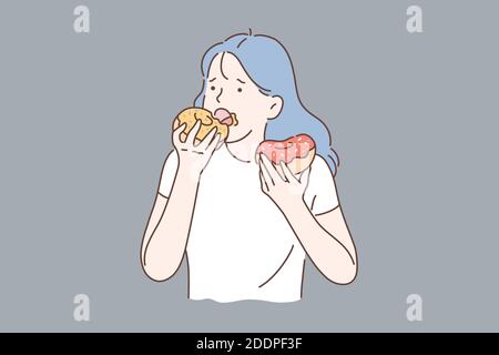 Régime alimentaire sain ou junk concept alimentaire. Portrait de la jeune fille dépressive mangeant des beignets. Conception à plat vectorielle. Illustration de Vecteur