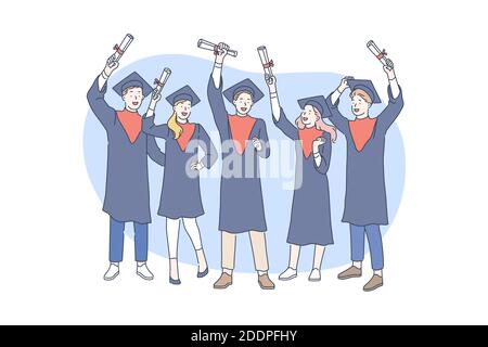 Éducation, remise des diplômes, concept de remise des diplômes. Attribution de diplômes aux étudiants diplômés de l'école ou du collège. Jeunes diplômés de l'université r Illustration de Vecteur