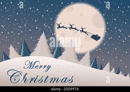 Modèle de carte de Noël avec arbre de Noël, étoiles, lune et Père Noël avec silhouette de renne dans la lune de nuit. Bannière ou affiche pour Christma Illustration de Vecteur