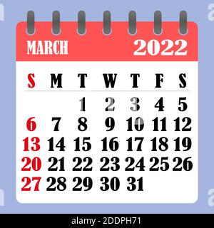 Calendrier des lettres pour mars 2022. La semaine commence le dimanche. Concept du temps, de la planification et de la planification. Conception plate. Calendrier amovible pour le mois. Vecteur Illustration de Vecteur