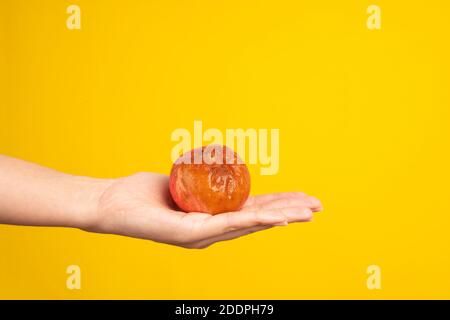 Une main femelle tient une pomme pourrie avec un ver sur fond jaune. Produits périmés. Banque D'Images