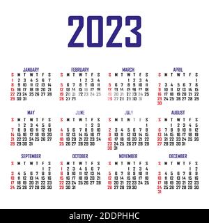 Calendrier 2023. La semaine commence le dimanche. Modèle de calendrier simple. Portrait de l'orientation verticale. Organisateur annuel de papeterie. Vecteur illustrat Illustration de Vecteur