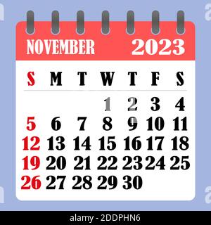Calendrier des lettres pour novembre 2023. La semaine commence le dimanche. Concept du temps, de la planification et de la planification. Conception plate. Calendrier amovible pour le mois. Vect Illustration de Vecteur