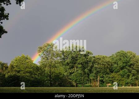 Double arc-en-ciel sur un champ de céréales, Allemagne, Basse-Saxe, Oldenburger Muensterland Banque D'Images