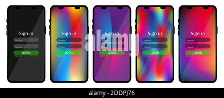 Ensemble d'écrans permettant de se connecter aux utilisateurs avec un identifiant et un mot de passe. Interface utilisateur et formulaire de page pour les applications mobiles. Configuration réaliste du smartphone et Illustration de Vecteur