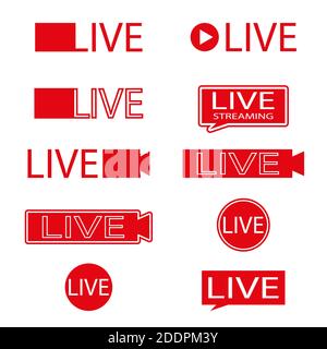 Icônes de diffusion en direct définies. Diffusion vidéo en direct. Symboles et boutons rouges pour la diffusion en direct et en ligne. Boutons rouges et noirs pour le direct et le onlin Illustration de Vecteur