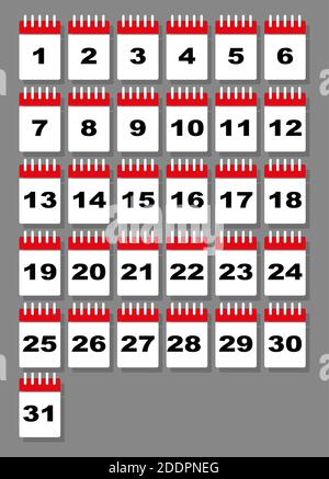 Ensemble de pages de calendrier détachables. Jours du mois. Style plat isolé sur fond gris. Illustration vectorielle Illustration de Vecteur