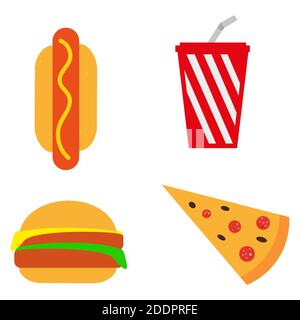 Set de restauration rapide isolé sur fond blanc. Conception simple. Chien chaud. Ketchup. Moutarde. Hamburger. Pizza. Vecteur Illustration de Vecteur