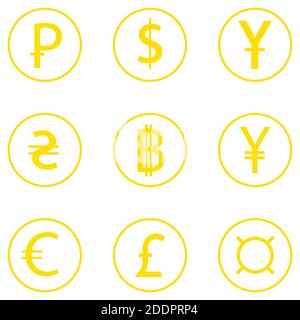 Ensemble de devises. Dollar, euro, rouble russe, hryvnia ukrainien, Bitcoin. Sur fond blanc Vector Illustration de Vecteur