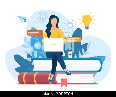Girl sitting on pile of books Illustration de Vecteur