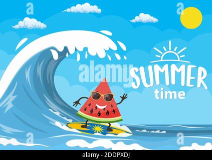 des personnages de pastèque surfant sur la vague. Illustration de Vecteur