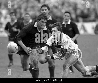 25 octobre 1989 Rugby Union Neath versus The All Blacks, The Gnoll, Neath, pays de Galles. Paul Williams de Neath Match d'action devant 12,000 fans. Photo de Tony Henshaw Banque D'Images