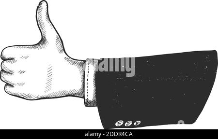 Vecteur main main dessinée grand pouce, geste de l'homme dans la veste noire. Isolé sur fond blanc. Illustration de l'icône. Illustration de Vecteur