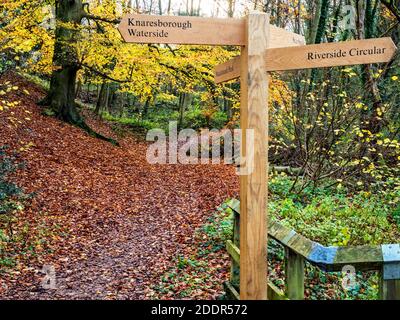 Panneau et forêt d'automne au parc Mackintosh Knaresborough North Yorkshire Angleterre Banque D'Images