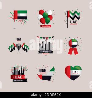 Conception vectorielle de la collection d'icônes de la journée nationale des Émirats arabes Unis Illustration de Vecteur