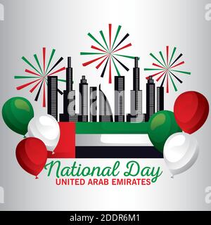 Journée nationale des Émirats arabes Unis avec ballons de feu d'artifice et vecteur de la ville conception Illustration de Vecteur