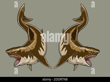 Tigre géant et requins blancs. Gros dessin de requin. Illustration monster megalodon. Banque D'Images