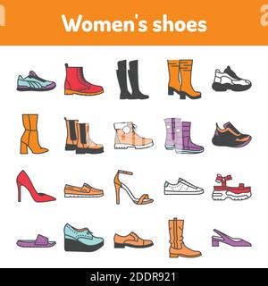 Ensemble de couleurs de chaussures pour femmes. Pictogrammes pour la page Web, l'application mobile, la promotion. Illustration de Vecteur