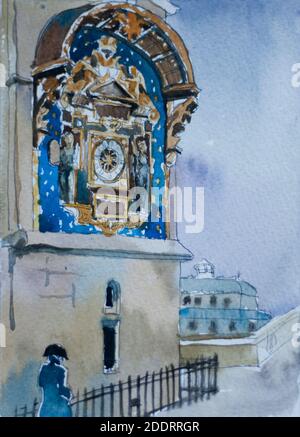 Illustration de l'aquarelle en chariot avec horloge médiévale dans le bâtiment de la prison de conciergerie avec un homme en robe historique Banque D'Images