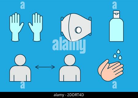 Gants, masque, désinfectant pour les mains, social distance, se laver les mains, Icon Set. Mesures de sécurité en cas de pandémie de coronavirus. Prévention des pandémies. Arrêtez COVID-19. Illustration de Vecteur