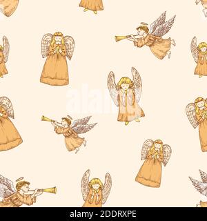 Motif d'arrière-plan vectoriel de Noël dessiné à la main sans couture. Carte Anges Sketches ou modèle de couverture. Papier peint décoratif des fêtes Illustration de Vecteur