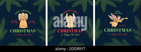 Ensemble d'étiquettes, de panneaux ou de modèles de logo de Noël abstrait Vector rétro. Collection de cartes d'illustrations colorées à motif de prières dessinées à la main Illustration de Vecteur