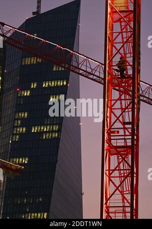 26 novembre 2020, Hessen, Francfort-sur-le-main: Un opérateur de grue de construction descend le mât dans la lumière du soir sur un chantier de construction non loin de la BCE dans l'est de Francfort. Photo: Arne Dedert/dpa Banque D'Images