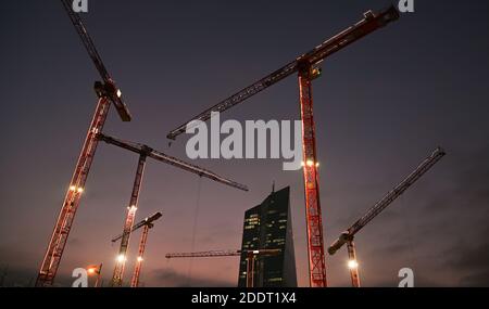 26 novembre 2020, Hessen, Francfort-sur-le-main: Des grues de construction éclairées par des lampes de fée sont allumées dans la lumière du soir sur un chantier de construction près de la BCE, à l'est de Francfort. Photo: Arne Dedert/dpa Banque D'Images