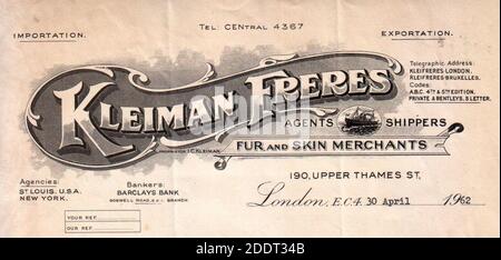 Kleiman Freres, marchands de fourrures et de peaux, Londres, 1962, tête de lettre. Banque D'Images