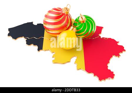 Carte belge avec boules de Noël colorées. Concept de nouvel an et de Noël, rendu 3D isolé sur fond blanc Banque D'Images