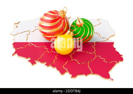 Carte polonaise avec boules de Noël colorées. Concept de nouvel an et de Noël, rendu 3D isolé sur fond blanc Banque D'Images