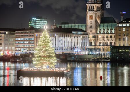 Hambourg, Allemagne. 26 novembre 2020. Le sapin de l'Alster brille sur le Binnenalster, en arrière-plan la mairie peut être vue. Credit: Daniel Reinhardt/dpa/Alay Live News Banque D'Images