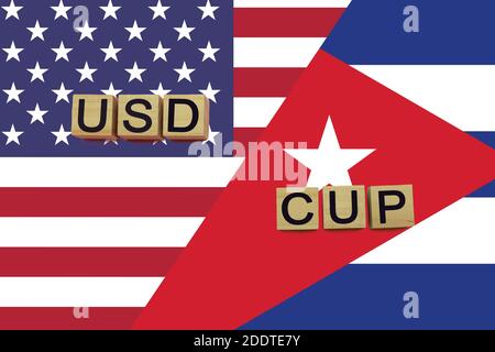 Codes des devises américaines et Сuban sur fond de drapeaux nationaux. USD et CUP Banque D'Images