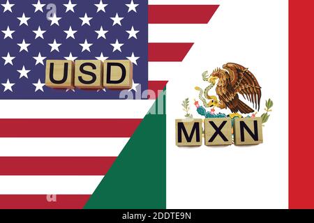 Codes des devises américaines et mexicaines sur fond de drapeaux nationaux. Devises USD et MXN Banque D'Images