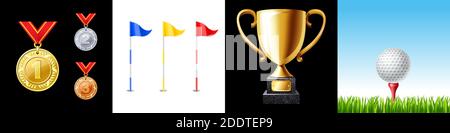 Jeu d'icônes de golf. Drapeau, balle, coupe de trophée et médaille Illustration de Vecteur