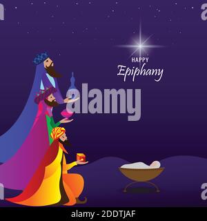 Illustration vectorielle d'Epiphany, un festival chrétien. Jésus Christ peu après sa naissance. Résumé 3 rois regardant l'étoile dans un fond de nuit sombre Illustration de Vecteur