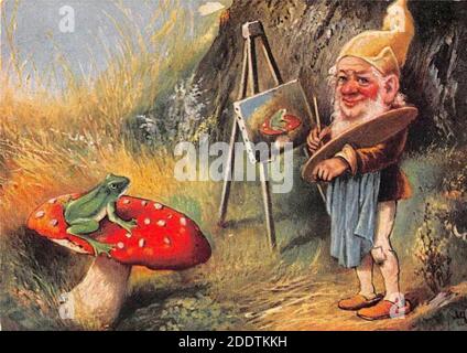 Jolie carte postale vintage montrant un Gnome peignant une grenouille. Peint par l'artiste allemand Alfred Schonian. Banque D'Images