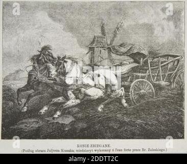 Konie zbiegane wg obrazu Juliusza Kossaka rysował Bronisław Zaleski. Banque D'Images