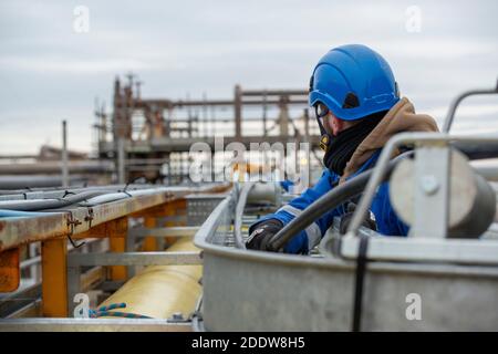 Travaux de construction, Flotta, terminal pétrolier, Orkney, Écosse Banque D'Images