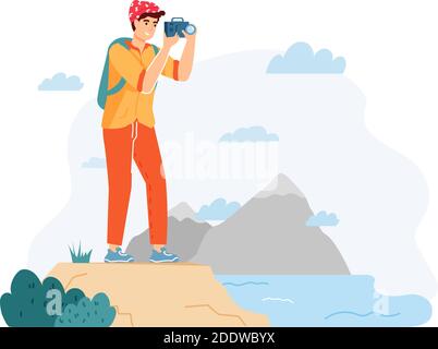 Homme randonneur prenant des photos du paysage de la nature. Guy Traveler avec sac à dos tenant l'appareil photo et la vue sur l'eau de prise de vue Illustration de Vecteur