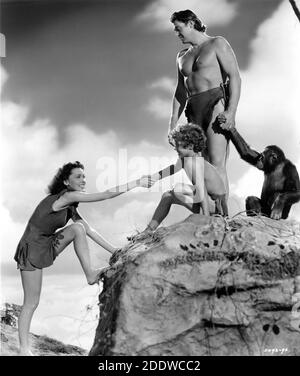 MAUREEN O'SULLIVAN JOHNNY SHEFFIELD JOHNNY WEISSMULLER ET CHEETAH THE CHIMPANZÉ Portrait publicitaire de CLARENCE SINCLAIR BULL pour LE TRÉSOR SECRET DE TARZAN 1941 réalisateur RICHARD THORPE basé sur des personnages créés par Edgar Rice Burroughs Metro Goldwyn Mayer Banque D'Images