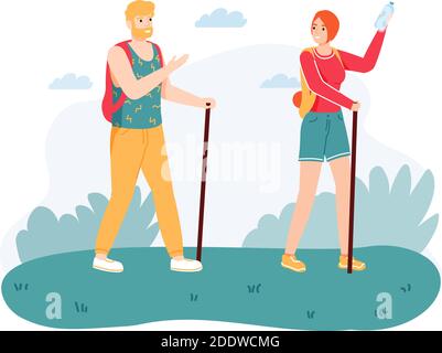 Couple randonnée dans la nature avec des bâtons de marche. Homme et femme avec l'équipement et les sacs à dos ayant voyage Illustration de Vecteur