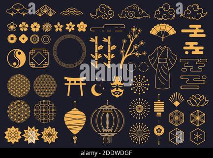 Symboles japonais. Théâtre Kabuki oriental, décoration kimono japonaise ou chinoise, lotus, bambou et lanternes. Symboles vectoriels d'esquisse traditionnels asiatiques Illustration de Vecteur