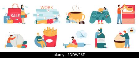 Mauvaises habitudes. Dépendances, alcoolisme, tabagisme, shopping et excès. Personnages masculins et féminins problèmes de toxicomanie illustrations vectorielles Illustration de Vecteur